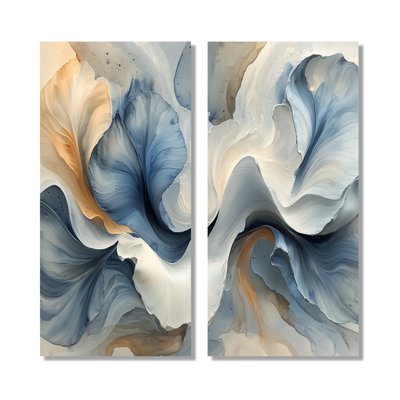 Ocean Blue Delicate Floral Petals - Flowers Wall Art Canvas Prints, Blue Abstract Wall Art Set Of 2