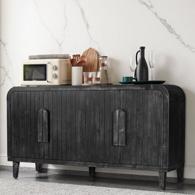 59" Farmhouse Curved Sideboard Buffet in Antique White & Natural Wood Finish, Vintage Storage Credenza with Vertical Carved Doors, 180° Full-Open Hinges, Large Wooden Handles for Kitchen Dining Room