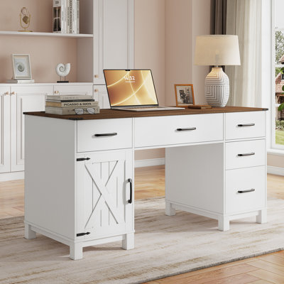  58'' Farmhouse Executive Desk With Drawers, Computer Desk With Storage Cabinet And Power Outlets For Home Office