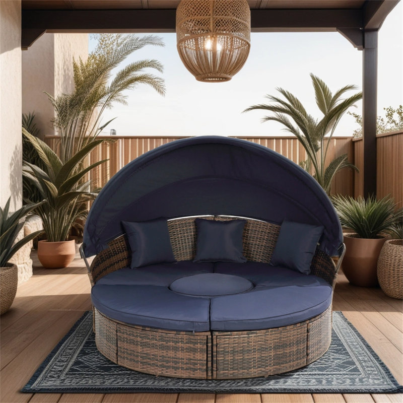 Chaise longue d'extérieur en osier Bilroy, Bleu marine