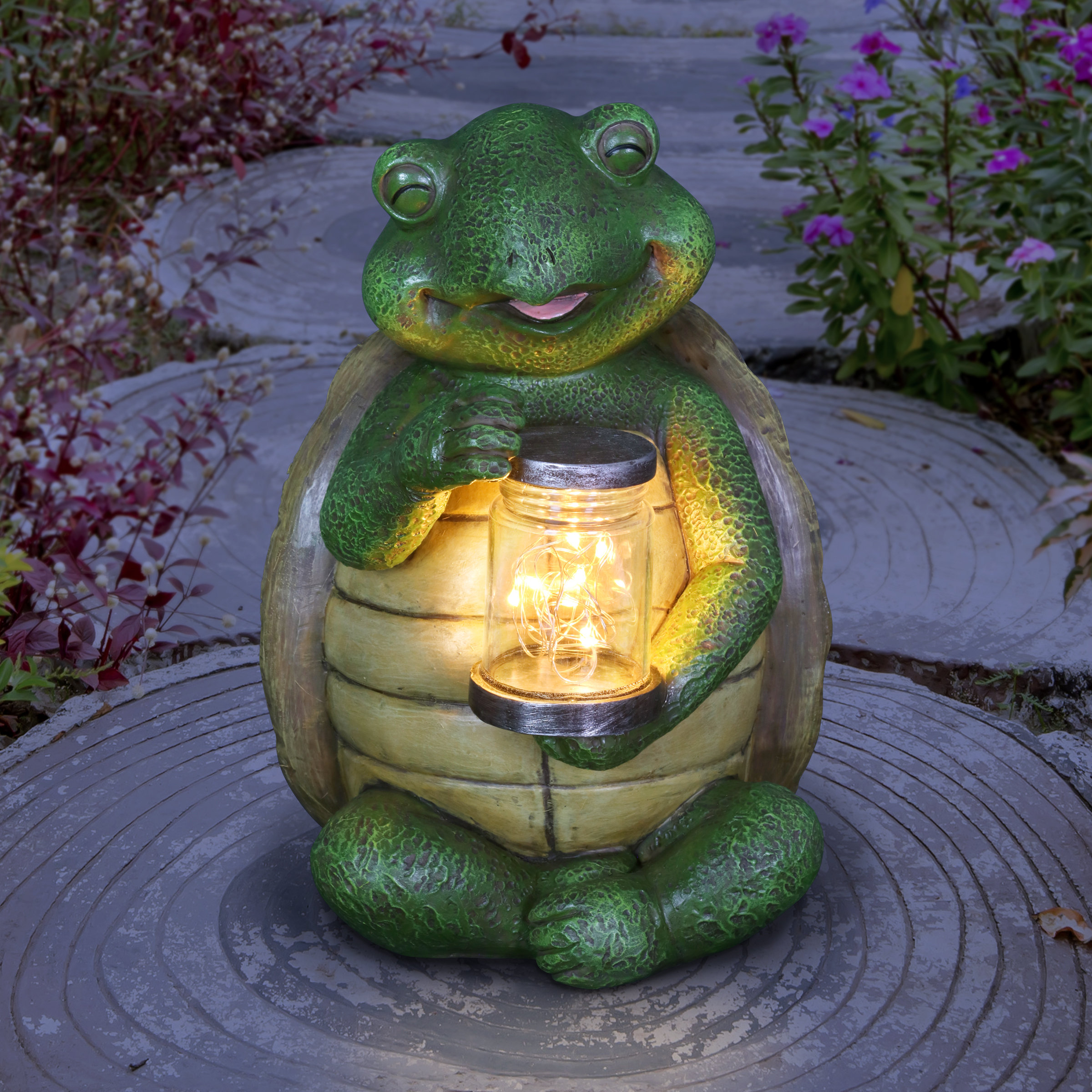 Exhart Solar Bear Garden Statue Holding A Glass Jar with Eight LED Firefly String Lights, 8.5 x 10.5 inch