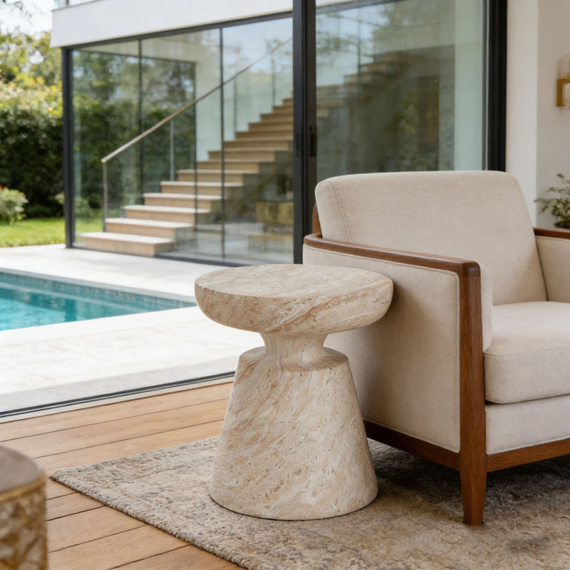 Table d'appoint d'extérieur en travertin Ponti, Beige