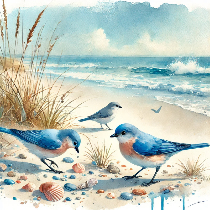 Art sur toile Coastal Serenity: Bluebirds by the Shore, H 12 po x l 12 po x P 1 po
