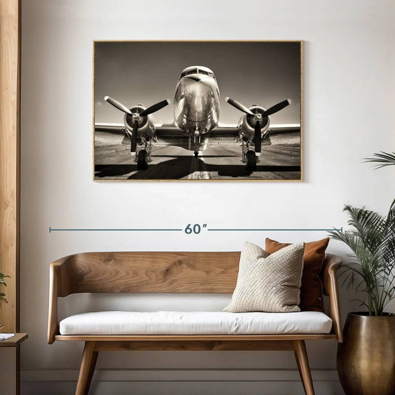Avion rétro noir et blanc, Cadre flottant en bois naturel, 43 po x 29 po
