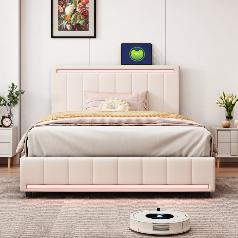 Lit plateforme tapissier avec rangement Huerfano, Double, Beige