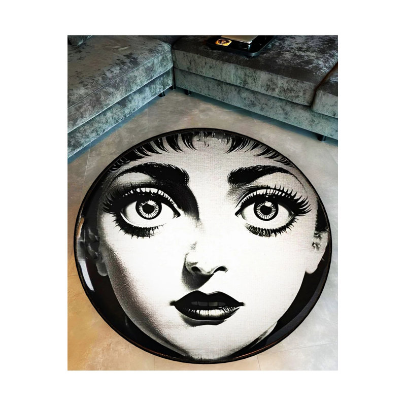 Black And Beige Women's Big Eye And Face Themed Woven Floor Carpet, Round 5'