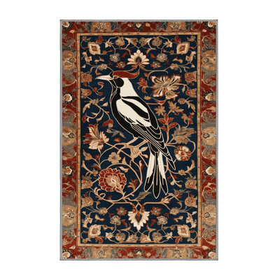 Washable Oriental Magpie Birds Area Rug
