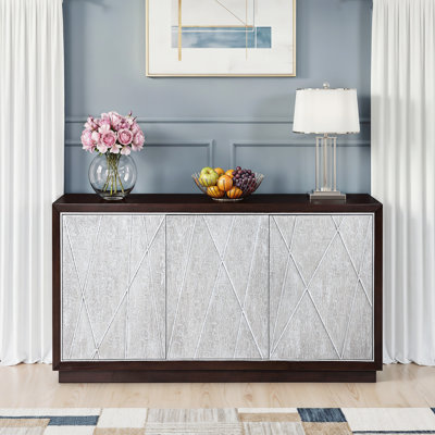 Isybel Rectangular 68"W Console Cabinet, Metallic Silver & Walnut Finish