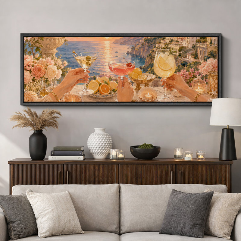 «Sunset Coastal Cocktail Terrace», images de salle à manger, impression sur toile encadrée, 3 pièces, Cadre noir