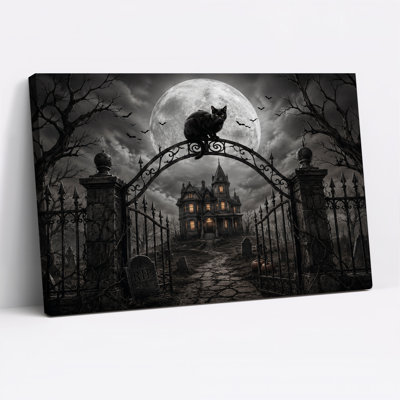 Black Cat On Iron Gate Above Lit Haunted House Halloween Canvas Wall Art