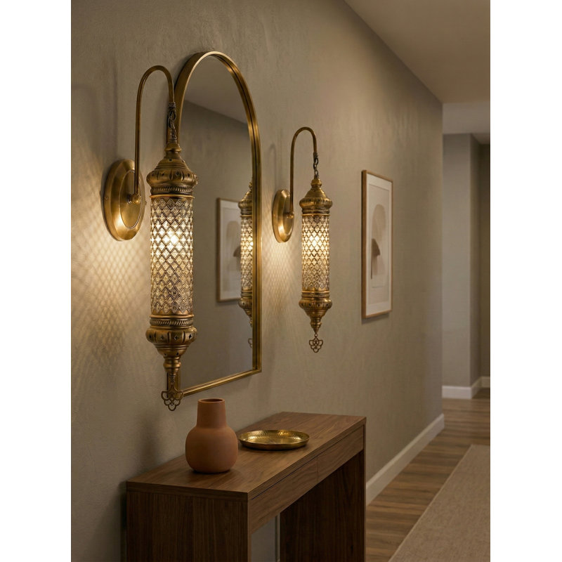 Antique Brass Moroccan Wall Sconce with Cylindrical Glass Shade, Vintage Patterned Lighting