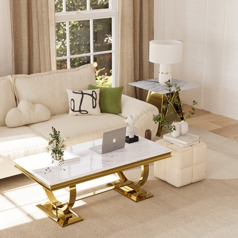 Table basse 48 po blanche et dorée, table basse rectangulaire moderne avec piédestal en miroir en acier inoxydable, table centrale luxueuse en faux marbre doré pour le bureau du salon