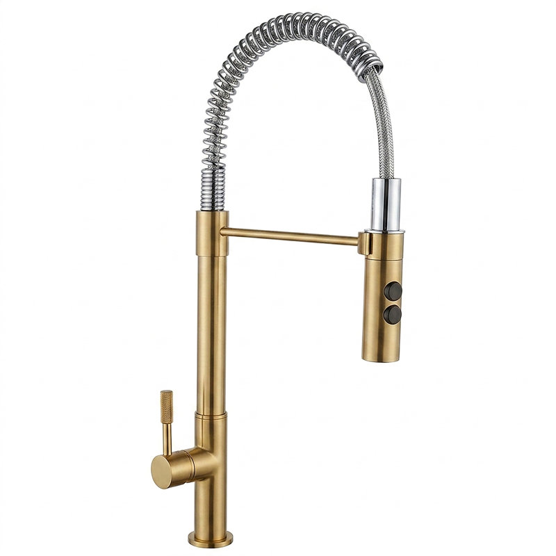 Marcus Pull Down Single Handle Spring Neck Kitchen Faucet, Brushed Gold