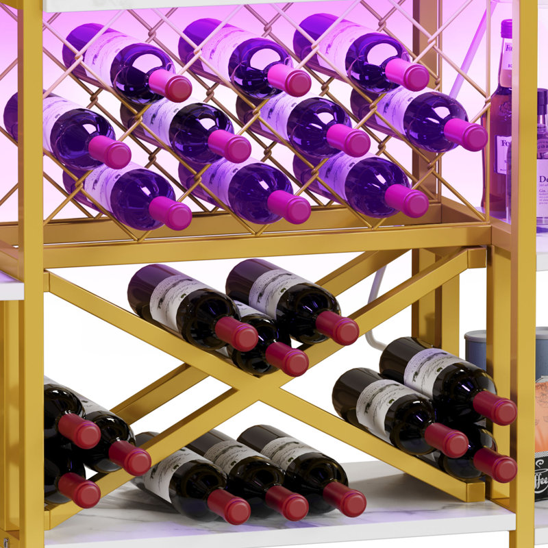 Amata 47.4'' Bar Cabinet with LED Lights and Power Outlets, Wine Cabinet with Wine Racks and Glass Holders, White/Gold