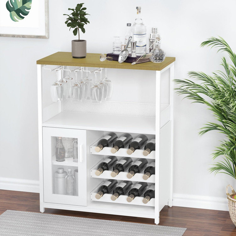 Wine Bar Rack Cabinet With Detachable Wine Rack, Bar Cabinet With Glass Holder, With Mesh Door, White