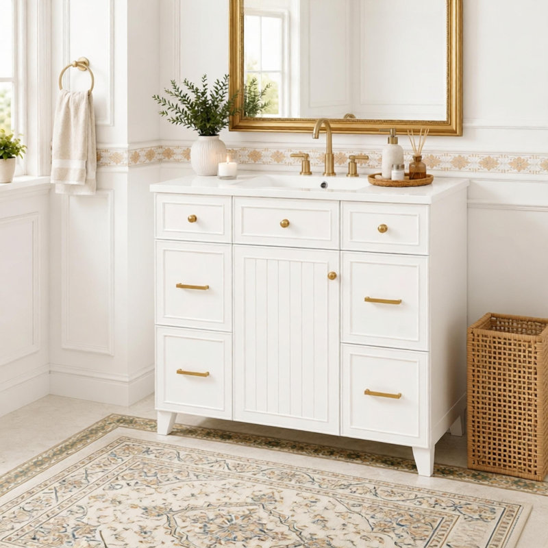 36" Bathroom Vanity with Ceramic Sink, White, Solid Wood Frame, Soft Close Doors, Adjustable Shelves, 3 Drawers ,Including Double-Depth Drawer for Hairdryer Storage