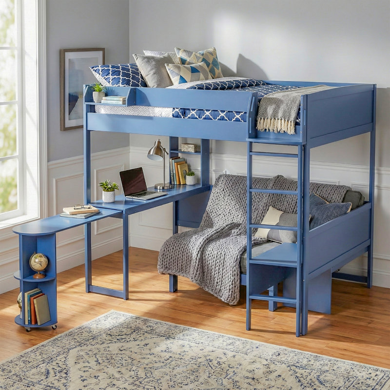 Lit mezzanine en bois pleine grandeur avec bureau, tablette de rangement, canapé et lumière, bleu marine, Marine