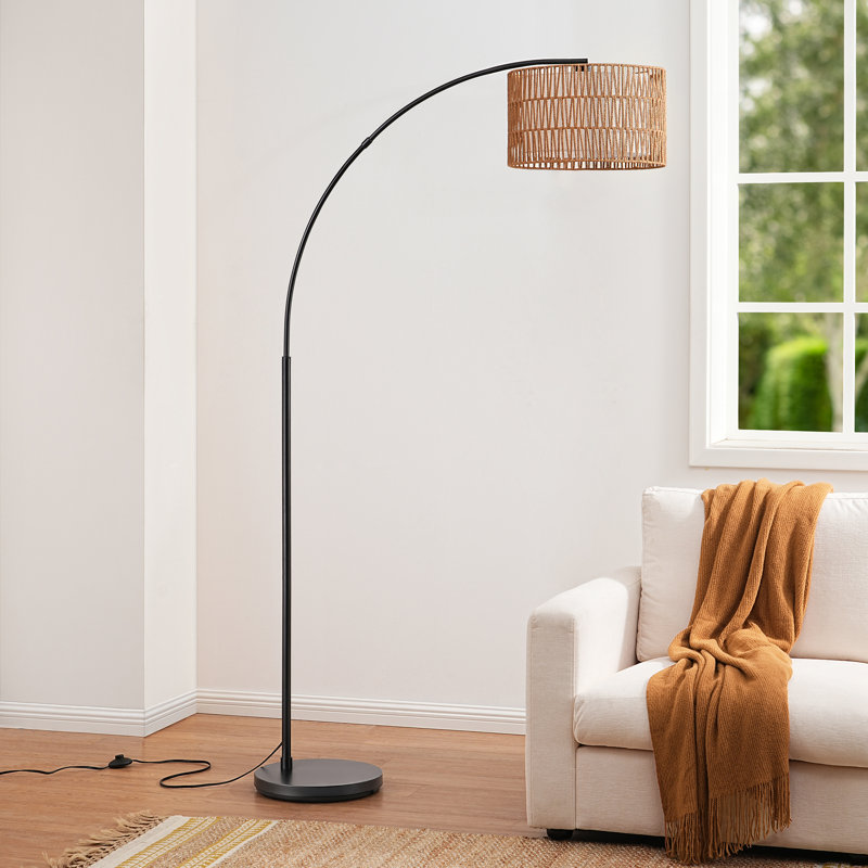 Peavine 76" H Rattan Arched Floor Lamp with Remote Control and Shade , Matte Black