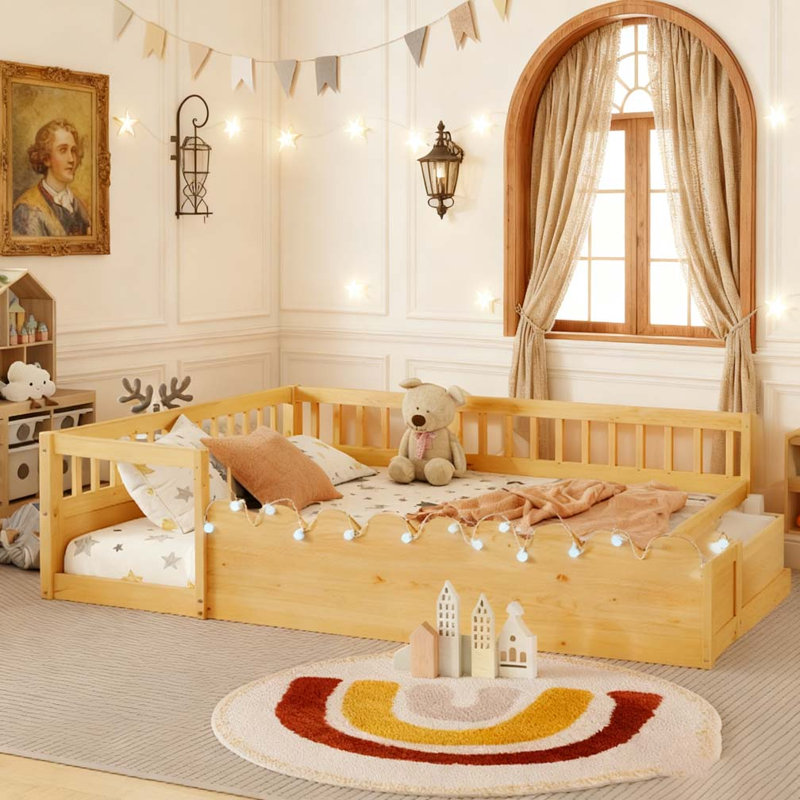 Base de lit au sol avec rails hauts, Naturel, Simple