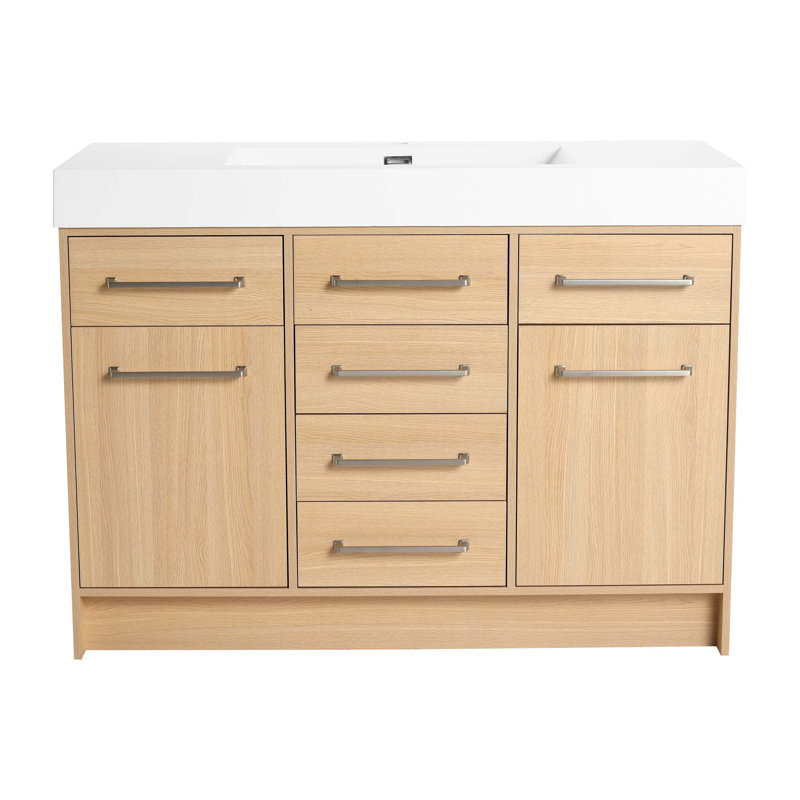 Meuble-lavabo autoportant 48 po avec lavabo en résine, 2 portes à fermeture douce et 6 tiroirs à fermeture douce, chêne original, contreplaqué