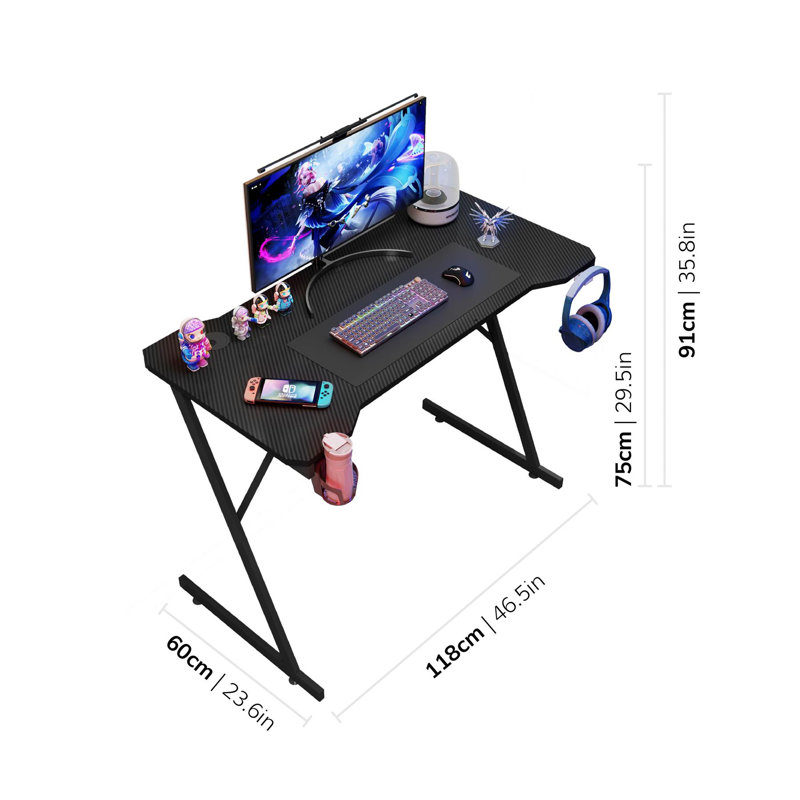 Gaming Desk Carbon Fibre Finish Black Cup Holder, Headphone Hook & Cup Holder, 75cm H x 120cm W x 60cm D