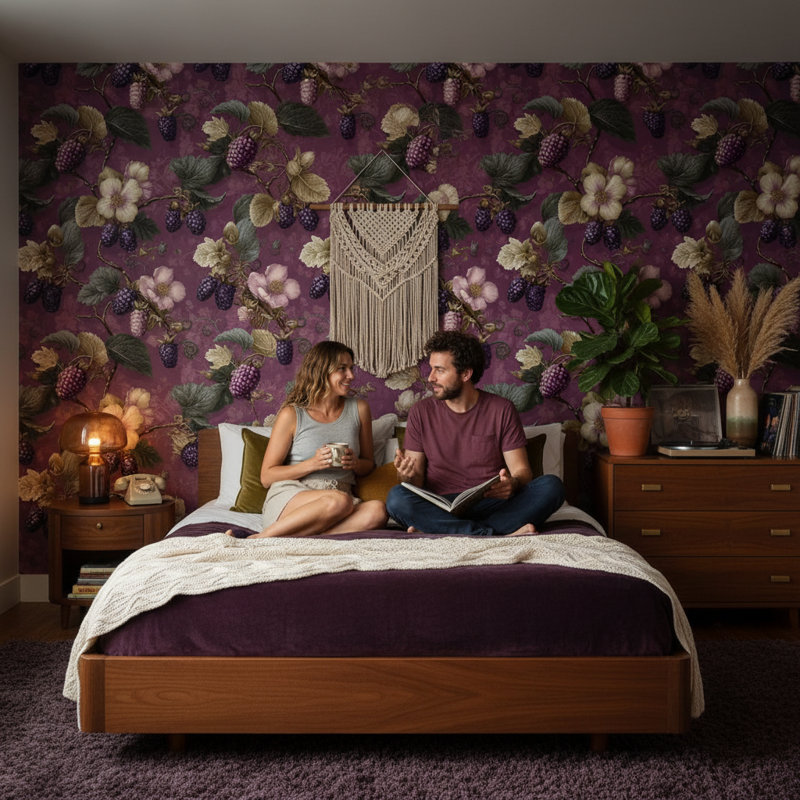 Papier peint mauve avec fond vert et nuances vertes