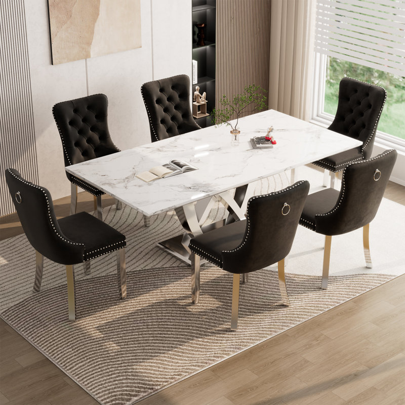 Ensemble de table de salle à manger 70 "pour 6 personnes avec 6 chaises rembourrées, Noir, Argent argent