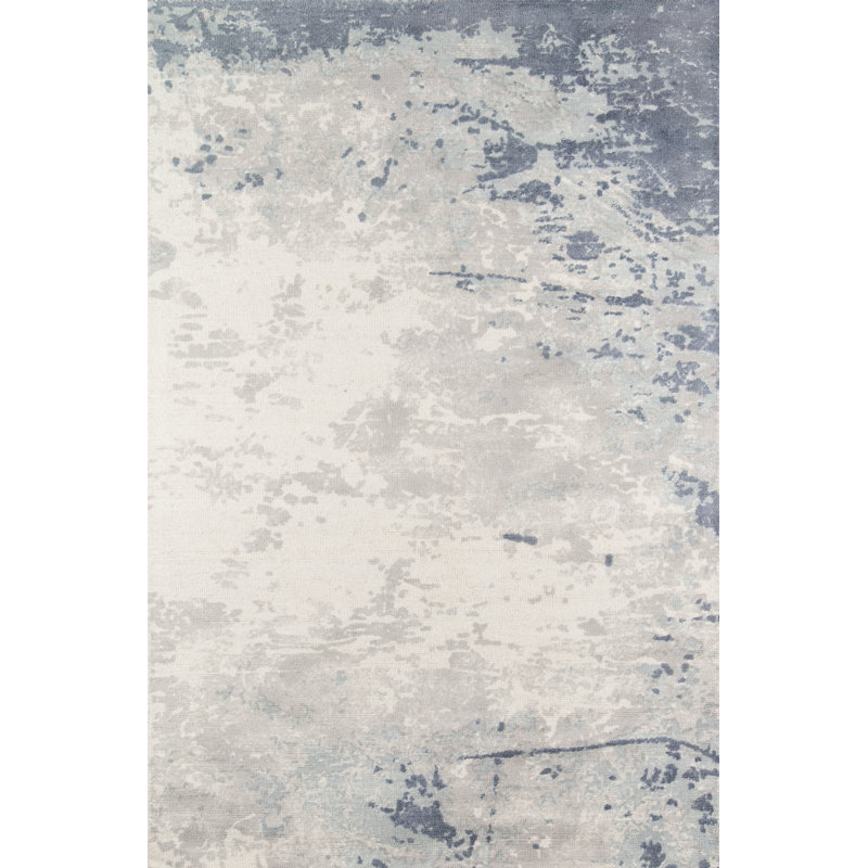 Tapis bleu / ivoire en laine touffeté et fabriqué à la main à motif abstrait Mamedov, Rectangle 7 pi 6 po x 9 pi 6 po