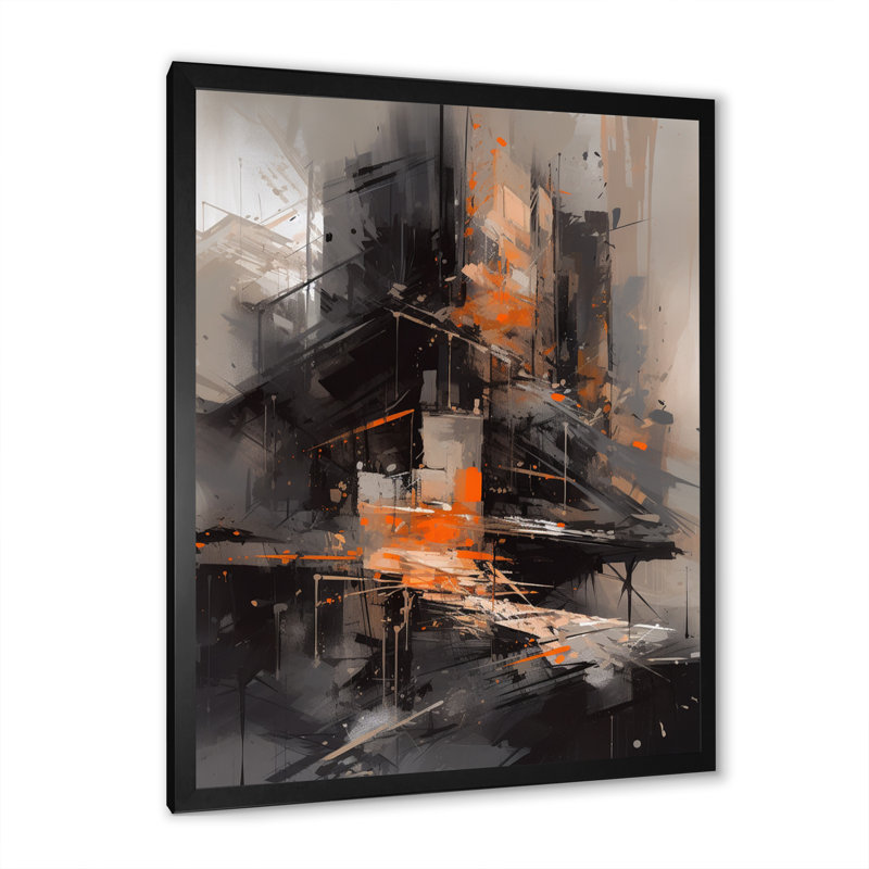 Tapisserie architecturale noire et orange, reproduction sur toile, Cadre photo noir, H 20 po x l 12 po x P 1 po