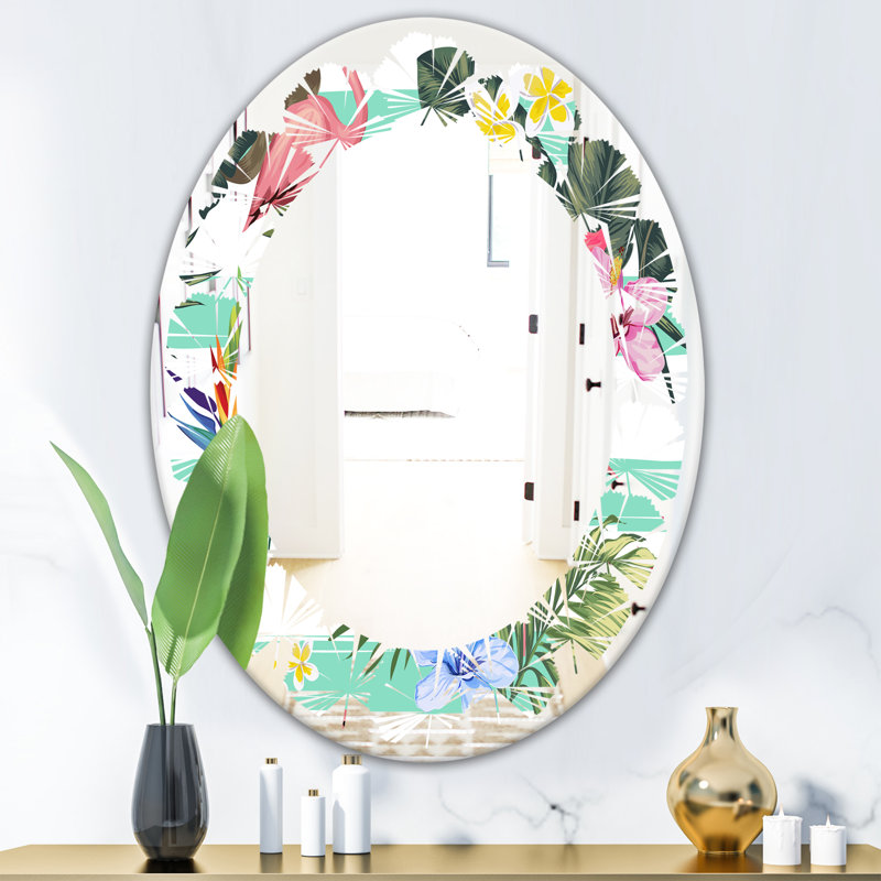 Miroir mural Leaves, H 31,5 po x l po, Feuilles, fleurs botaniques et flamant rose