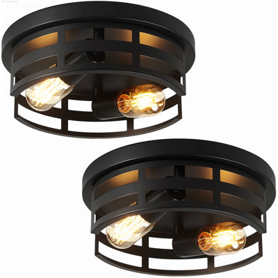 2-Pack 11-inch Farmhouse Industrial Flush Mount Ceiling Light Open-Frame Dimmable Design Matte Black