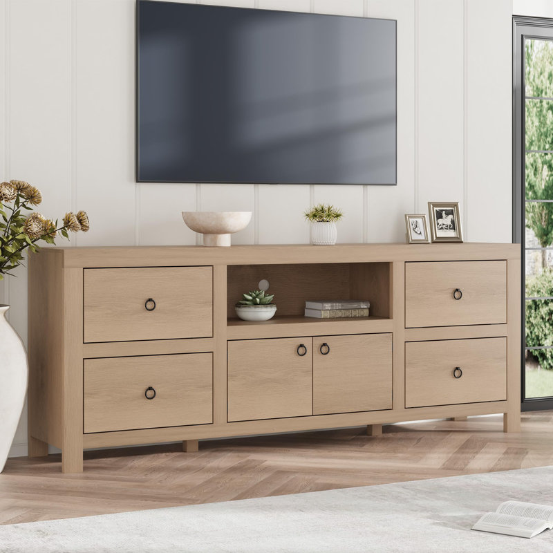 Farmhouse TV Stand for 75/80 Inch TVs, 70" Long Entertainment Center with 6 Storage Drawers & Soundbar Shelf, Television Consoles Stands for Living Room, Bedroom