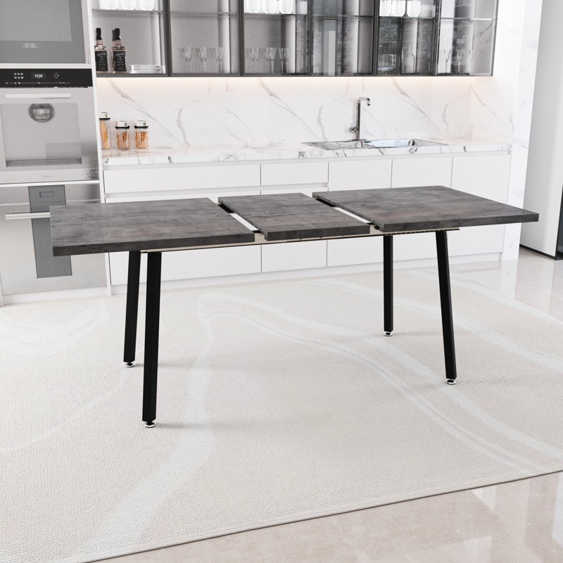Table de salle à manger rectangulaire, extensible pour 4 à 6 personnes, grise avec des pieds en métal noir, style industriel médiéval pour la maison et la cuisine 55,9 70,87 po