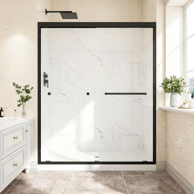 Porte de douche coulissante à double by-pass réversible, cadre en alliage d'aluminium, verre trempé de 1/4 po (6 mm) avec membrane antidéflagrante Nano, installation facile