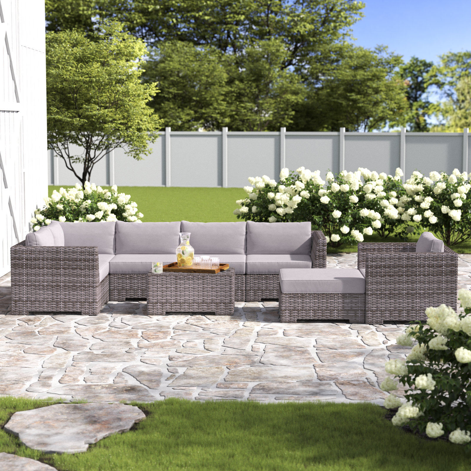 Kirkby Wicker Fully Assembled 8 Piece Sectional Seating Group with Cushions