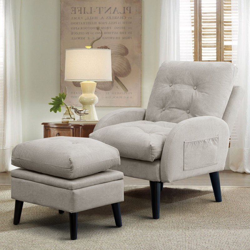Elandra Upholstered Accent Chair and Ottoman, with 5 Level Adjustable Backrest, Light Gray Microfiber/Microsuede