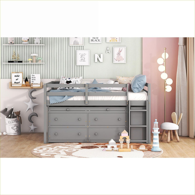 Structure de lit pleine grandeur pour petite chambre d'adolescent en bois massif gris classique avec bureau rétractable et tiroirs de rangement