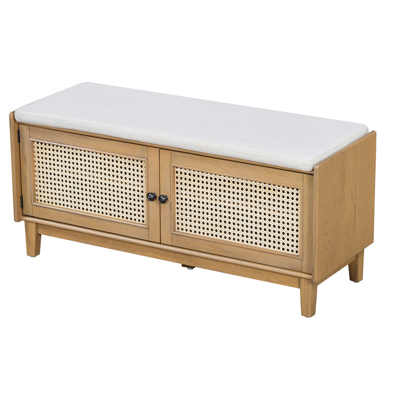 Rattan Entryway Bench With Storage, Cushioned Shoe Bench With Double Doors, Wooden Shoe Organizer Bench For Entryway And Hallway