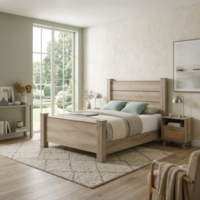 Tyna Rustic Queen Panel Bed with Planked Headboard, Weathered Oak Wood
