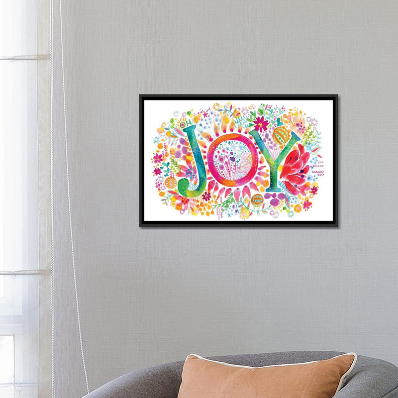 « oh joy », impression sur toile tendue, H 18 po x l 26 po x P 1,5 po, Toile avec cadre flottant noir, Pas de tapis