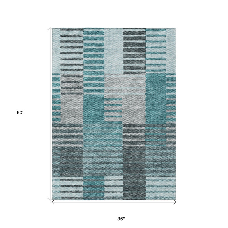 Tapis extérieur lavable rayé bleu sarcelle 3 pi x 5 pi bleu turquoise et gris