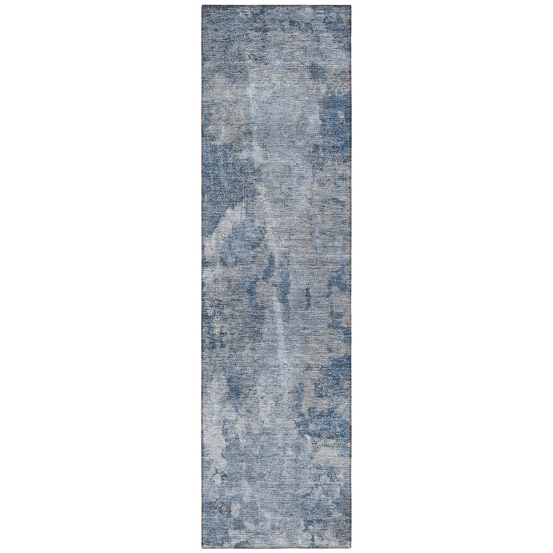 8' Runner Blue Abstract Washable Non Skid Indoor Outdoor Runner Rug