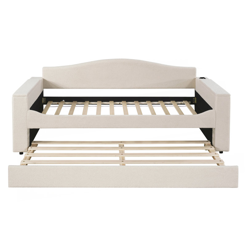 Lit de jour simple rembourré avec accoudoirs de rangement, couchette et dernier système audio Bluetooth intégré, molleton Teddy, beige