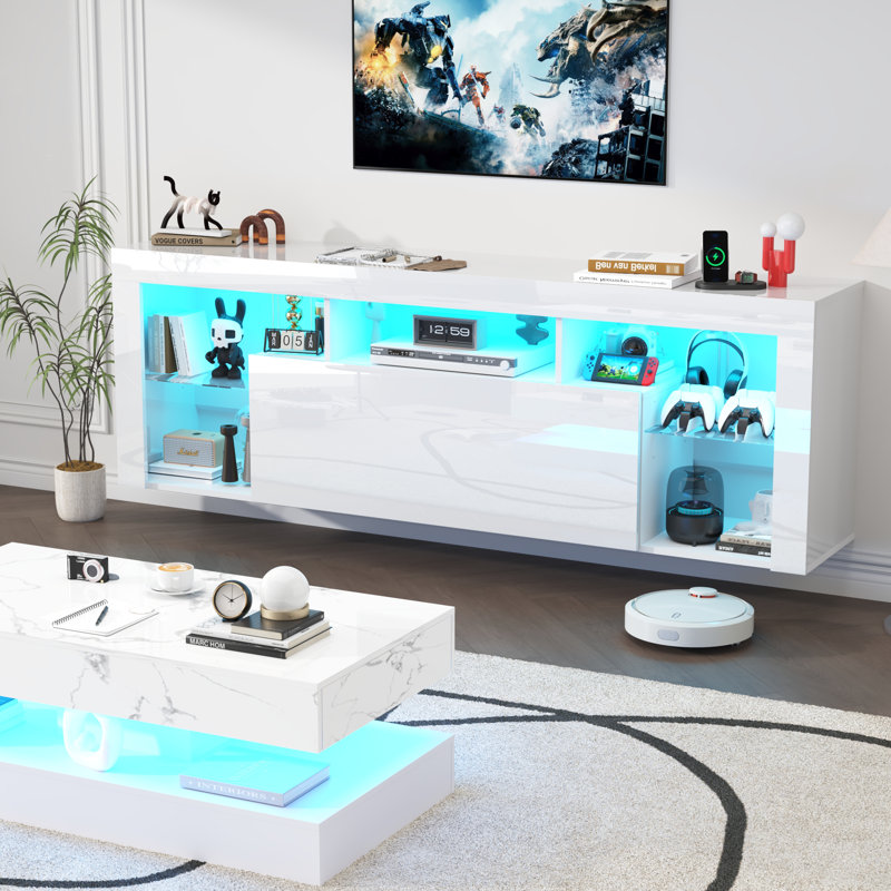 Meuble télé flottant pour téléviseur de 70 po ou moins, Blanc