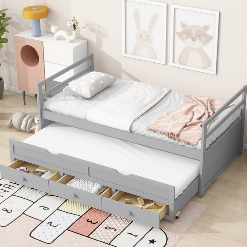 Grey Twin Bed With Modern Style Headboard, , Trundle And Storage In Stylish Options, Gray