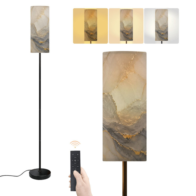 Lampe sur pied moderne à effet marbre abstrait, rose doré poudré aquarelle, intensité variable, avec télécommande et interrupteur au pied, abat-jour haut, idéal pour salon, chambre ou bureau.