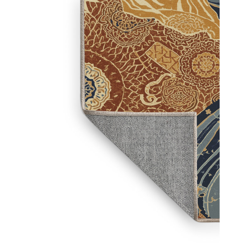 Machine Washable Ovaline Classic Oriental Rug in Brown – Beige Binding, 7' Square