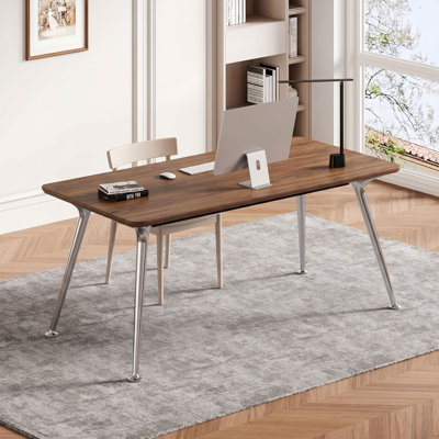 71''W Minimalist Writing Desk, Rectangular Executive Desk with Walnut Finished Solid Wood Tabletop and 4 Metal Legs, Mid-Century Home Office Desk for Computer, Laptop, and Files, Workstation Desk, Study Desk