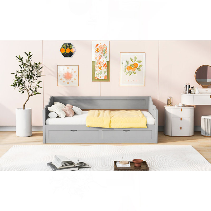 Wooden Daybed With Trundle Bed And Two Storage Drawers , Extendable Bed Daybed,Sofa Bed With Two Drawers, Gray, Gray