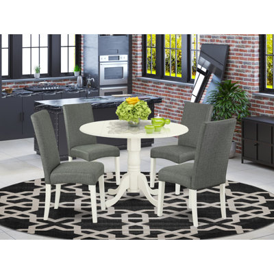 5 Piece Modern Dining Table Set Includes a Round Wooden Table with Dropleaf and 4 Gray Linen Fabric Parsons Dining Chairs, Linen White